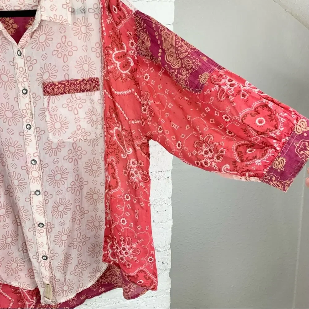 Free People Red and Cream Patchwork Bandana Button-Up Blouse